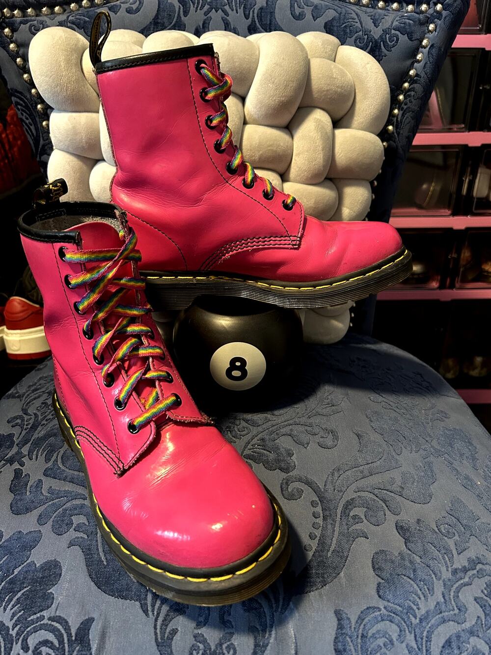 Dr. Martens Pink Lace-Up Combat Boots with Rainbow Laces